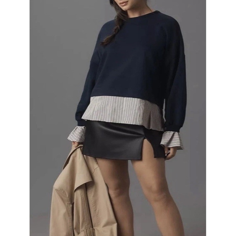 Maeve Anthropologie Layered Stripe Hem Pullover Blouse Womens S‎ Navy Preppy